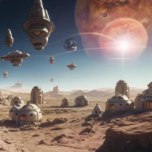 Prompt: UHD photorealistic rendering of utopian mars colony with supply ship hovering in sky