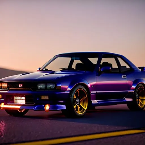 Prompt: Nissan Skyline R32 midnight purple colour, yellow sport rim TE37, front, pixar render, unreal engine, cinematic smooth, intricate detail, 8k, hd, hq