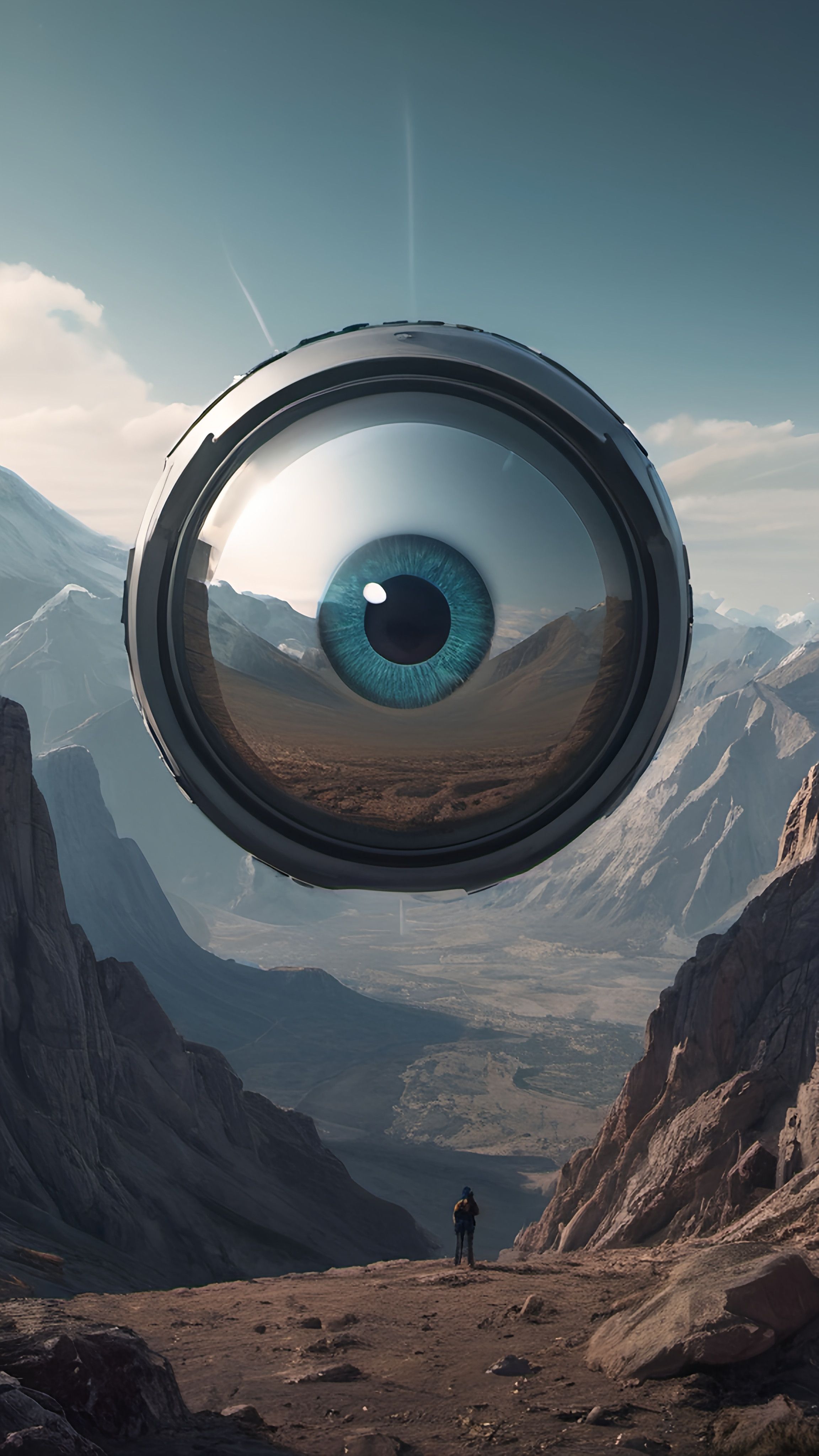 Prompt: a man standing on a mountain looking at an eyeball in the sky above him, with mountains in the background