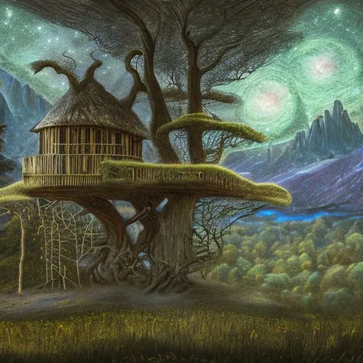 Prompt: a detailed matte painting of A cozy treehouse on top of a Giant Read Oak looking into the mountain starry night, moon,
 foggy pond, twilight view. mainly dark by jimmy hendrix
