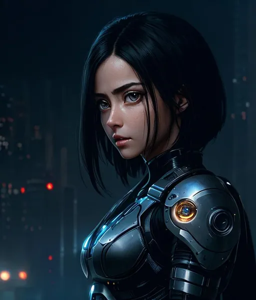 Prompt: alita, full body,brow eyes ,perfect composition, render trending on artstation, 8 k artistic photography, photorealistic concept art,natural volumetric cinematic perfect light, robotic ,black hair, Digital illustration, gorgeous ,perfect composition, render trending on artstation, 8 k artistic photography, photorealistic concept art, natural volumetric cinematic perfect light,cyborg