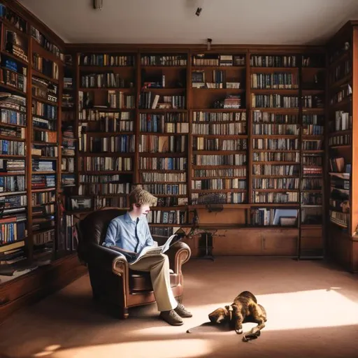 Prompt: pale young man standup in an armchair reading beside a big huntplace, bookshelves covering the light walls, dogs lying on the floor, rule of thirds, light room, --ar
