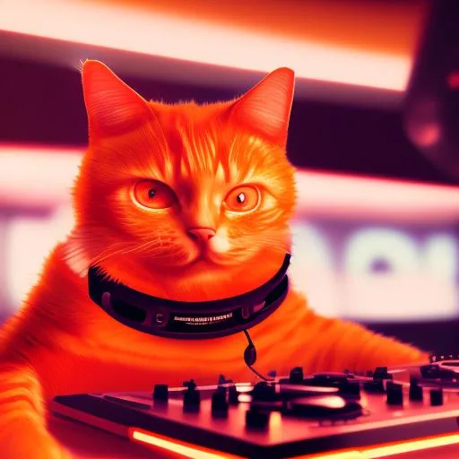 Prompt: photorealistic portrait of an orange cat DJ in a large club, wearing headphones, paws on turntables, realistic, 8K, ray tracing, lasers in background, highly detailed