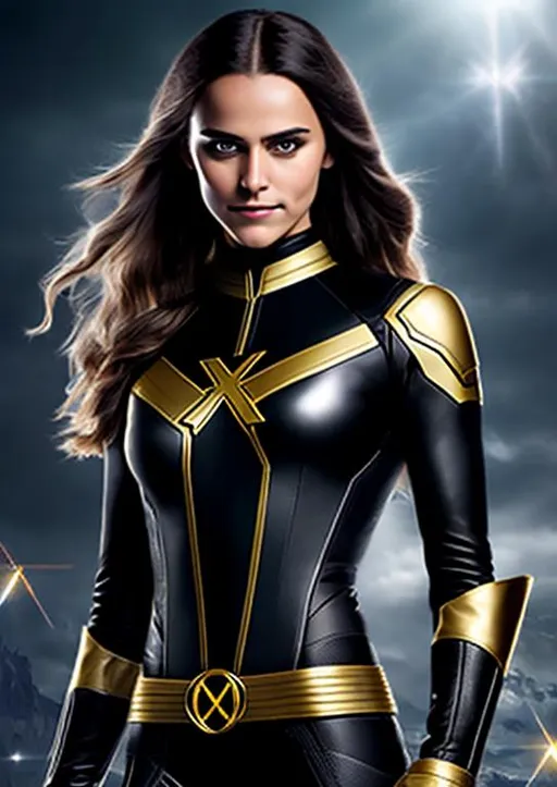 Prompt: High-resolution hyperrealistic photo of x-man shadowcat kate pryde merged with x-man magik ilyana rasputin, black and silver and gold costume, uhd, hdr, 64k