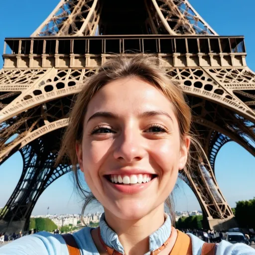 Prompt: une femme selfie grand sourire, la tour eiffel derrière elle, ciel bleu, soleil, une splendide journée de vacances