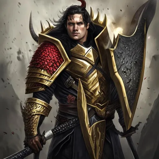 Prompt: hyper realistic man with black hair with a sheild of a red dragon on and a gold axe