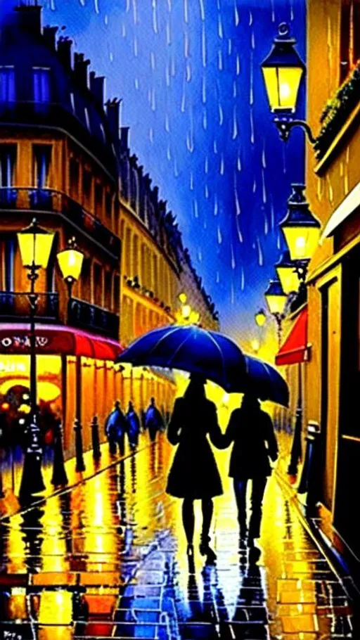 Prompt: A walk on the streets of Paris at night the streets are wet but it isn't raining in the painted with a pallet knife

