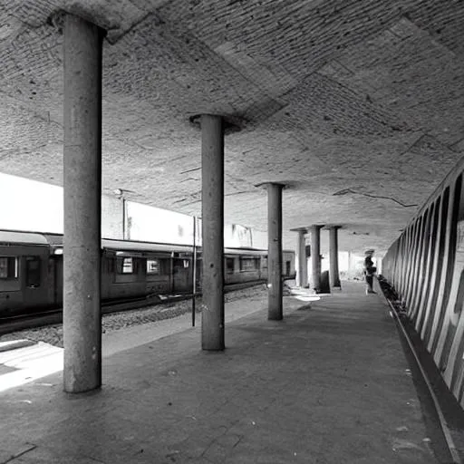 Prompt: a brutalist architecture train station


