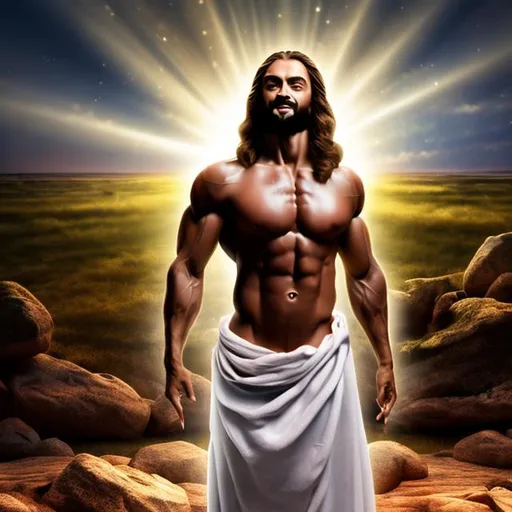 Prompt: body builder Jesus Christ praising God plains background in the light of God with clothing
