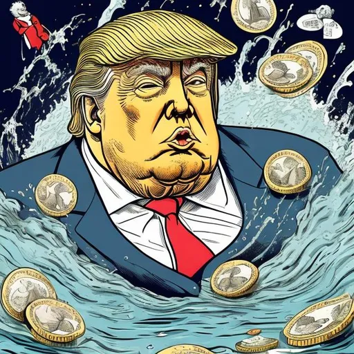 Prompt: Circling the drain, Obese, Trump swimming in gold coins and green dollar notes, too long red tie, navy blue suit, Bathroom Bathtub scene,  Sergio Aragonés MAD Magazine cartoon style 