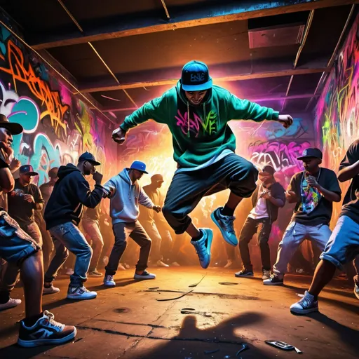 Prompt: Old-school rave scene with breakdancers, vibrant graffiti, energetic party atmosphere, high-energy mayhem, high contrast, gritty urban style, colorful lighting, dynamic poses, detailed graffiti art, professional 3D rendering, vibrant and chaotic, graffiti art, breakdancer poses, energetic crowd, high-energy lighting, urban street art, mayhem, professional quality