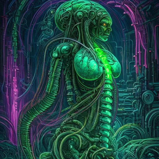 Prompt:  fantasy art style, painting, giving birth, pain, long neck, woman, bloated belly, pregnant belly, evil, demon, Satan, woman giving birth, machine, medical machine, ultrasound, MRI machine, robotic, green, green lights, green neon lights, lightning, colourful, murky, H. R. Giger, biological mechanical, pipes, evil robot, egg, queen, queen ant, snakes, serpents, eels, tentacles, jellyfish, giant robot, robot, machine, pregnant robot, war machine, inseminate, insemination, pregnancy, pregnant, mother, mother with pregnant belly, pregnant woman, futuristic, dystopian, alien, aliens,  insemination, egg laying, spawn, egg chamber, uterus, womb, placenta, procreation, breeding, brood, clutch of eggs, reproductive organs, giving birth, female, sperm, zygote, embryo, blood, veins, organs, shaft, pump, hammer, 
Apocalypse, birth canal, cervix, glands, birth, cesarean, operation, surgery, tree roots, roots, twigs, sticks, branches, tree, milk, bleeding, hole, sacral vertebrae, spine, vertebrae, brain, skull, pelvis, bone, bones, giant monster, helmet, beetle, wasp, fly, dragon fly, moth, spider, slug, snail molluscs, shell, egg yolk, whip, tail, tendrils, antennae, gas mask, mask, malnourished, horror, gore, grotesque, skeleton, xenomorph, face hugger