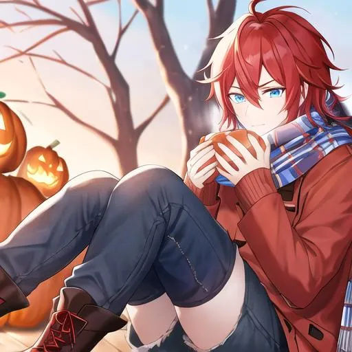 Prompt: Zerif 1male (Red side-swept hair covering his right eye, blue eyes), highly detailed face, 8K, UHD, wearing a cozy  sweater, ripped jeans, and boots, in the park, fall.  wearing a scarf, looking up at the sky, in a pumpkin patch,  young adult