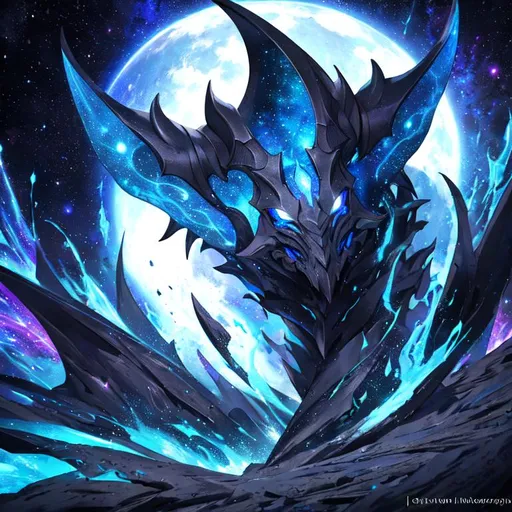 Prompt: monster of the void, black and blue colors, close up, highly detailed, galaxy background, aggressive