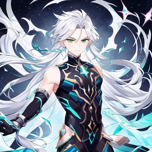 Prompt: Orion is a master of manipulation and illusions. With his silver hair and piercing green eyes, he can bend perceptions, creating intricate illusions that deceive the senses. Orion uses his powers to outwit his enemies, protect his allies, and bring about moments of awe and wonder, blurring the line between reality and fantasy.