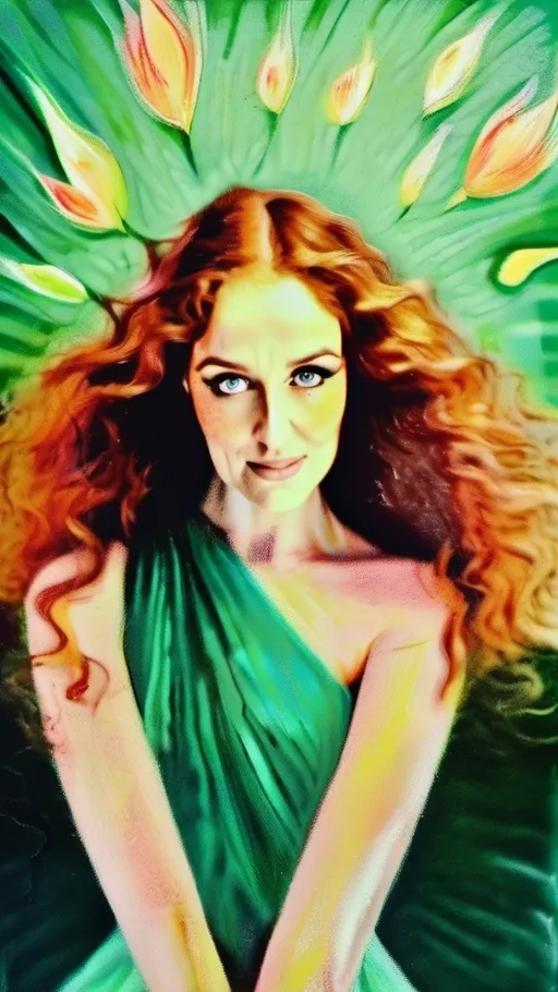 Prompt: (portrait head, shoulders and hands painting of a ginger curly hair woman wearing a emerald gown with triumphant expression)(grabbing a flame in hands)(inside an old catacumb) in the pointillism style of Claude Monet, with soft pastel colors and dark shadows