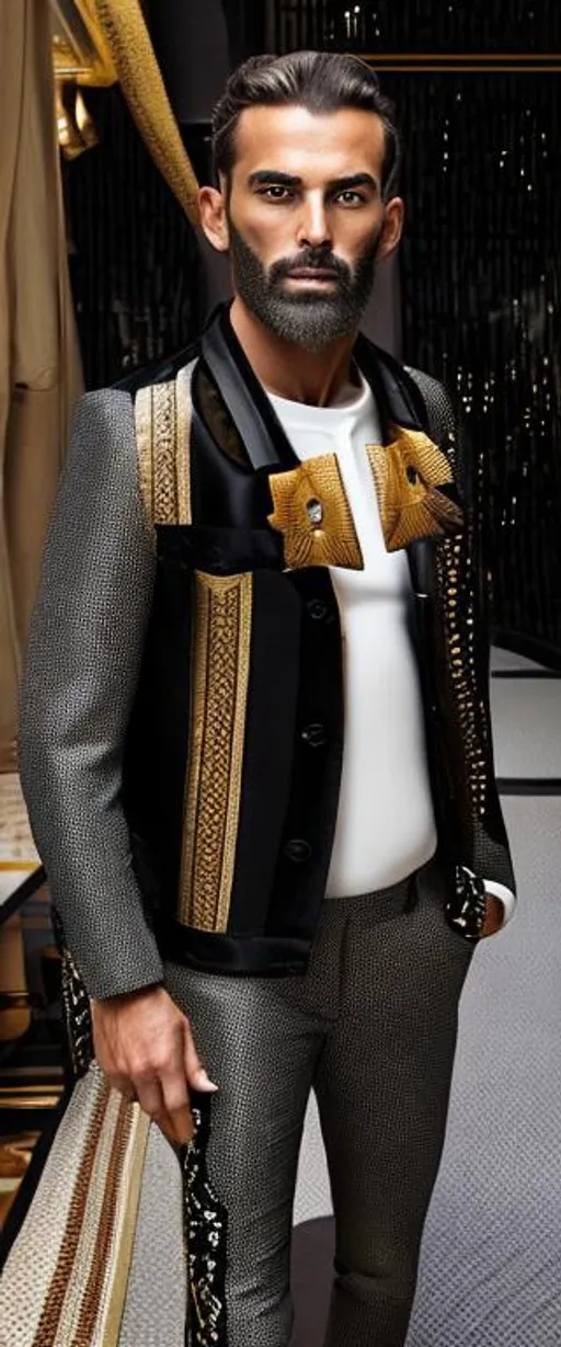 Prompt:  men's suit colour black filled with pharaonic inscriptions mixed with a modern cut with Italian elegance