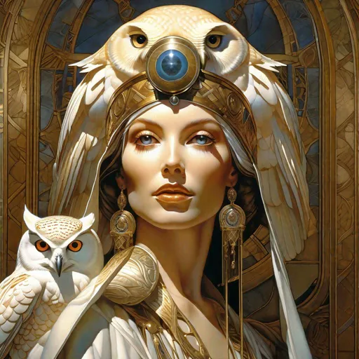 Prompt: "portrait of an ethereal sorceress with ONE owl on her shoulder. ulta detailed, photorealistic. perfect face, symmetrical eyes. fantasy, magic realism. by jc leyendecker, Michael Parkes, Joann Lossel. 8k, volumetric lighting, best quality"