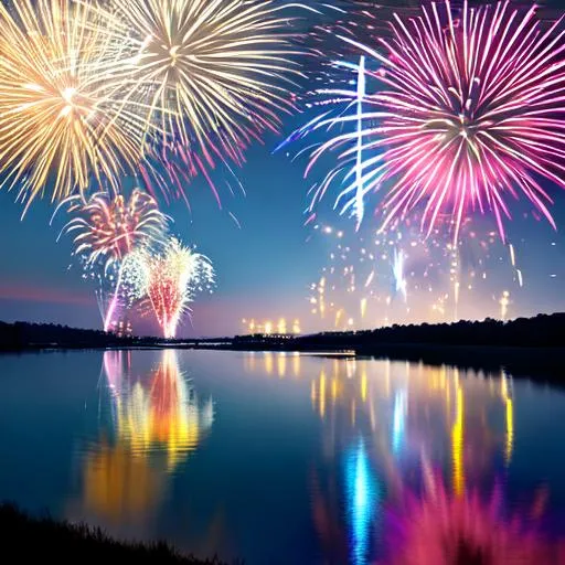 Prompt: fireworks over water with reflection