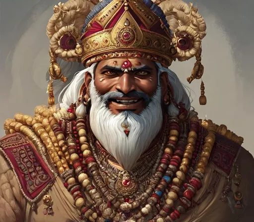 Prompt:  A full portrait of  40 year old indian king, scary smile, ,rugged, muscular
 medivial  castle , intricate, elegant, highly detailed, digital painting, artstation, concept art, smooth, sharp focus, illustration, art by krenz cushart and artgerm demura and raja ravi verma