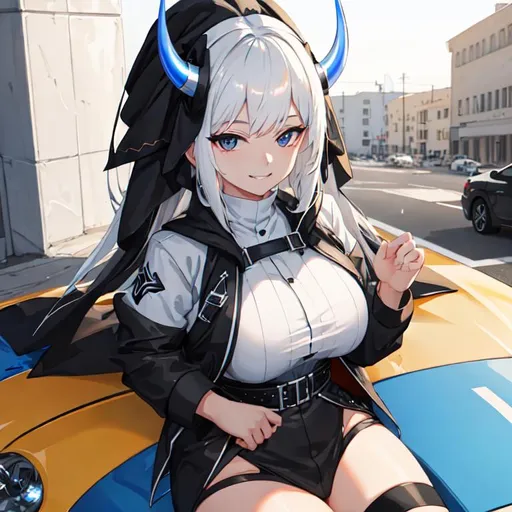 Prompt: White hair girl with black eyes smiling sitting on a car under the blue sky 4k with black demon horns