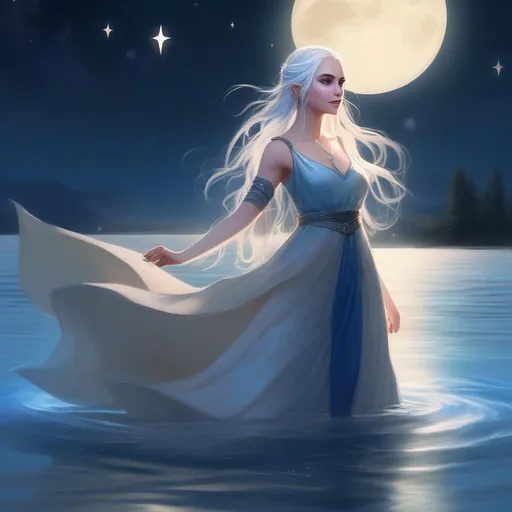 Prompt: DnD a female elf with long white wavy hair in a loose bun and blue eyes wearing a long flowing dress floating in the lake on a starry night