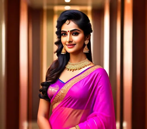 Prompt: photo realistic portrait of {Indian lady } pose on {Bathroom} for playboy magazine centerfold wearing {Tight Saree and Blouse , colour pink}, symmetrical face, ideal human, photography, ultra details, natural light, Saree Wearing, Riding a Scooty,