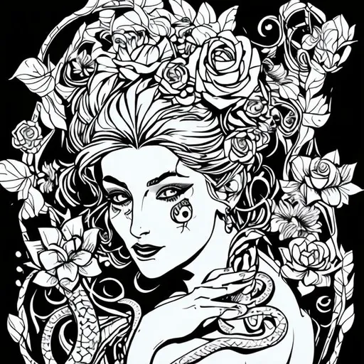 Prompt: Pretty woman with snakes for hair and flowers line art