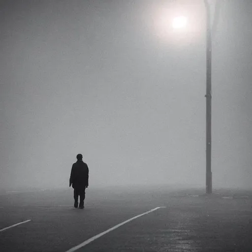 Prompt: lonely man walking on a no ending road when the world dissolves like fog, there is a light in the distance simbolizing the hope, anime style