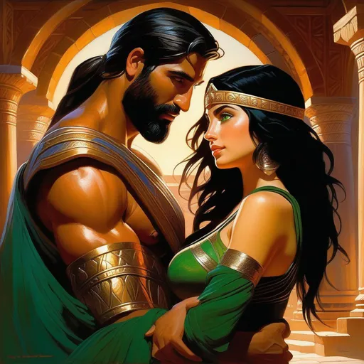 Prompt: King Leonidas impregnating Assyrian girl, pale skin, black hair, green eyes, Nineveh at night, warm atmosphere, cartoony style, extremely detailed painting by Greg Rutkowski and by Henry Justice Ford and by Steve Henderson 

