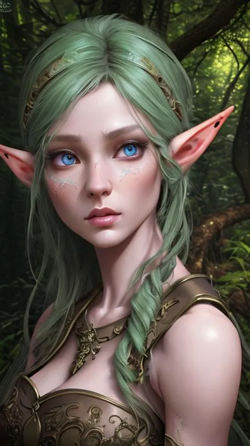 Prompt: highest quality stylized character concept masterpiece, award winning digital 3d oil painting art, hyper-realistic, intricate, 64k, UHD, HDR, image of a beautiful elf-girl in a forest, highly detailed face, hyper-realistic facial features, perfect anatomy in perfect composition of professional, long shot, sharp focus photography, cinematic 3d volumetric, dramatic lighting with backlit backlight, {{sexy}}, aiming down sights with red-hair, green eyes, perfect smile, from Elder Scrolls.