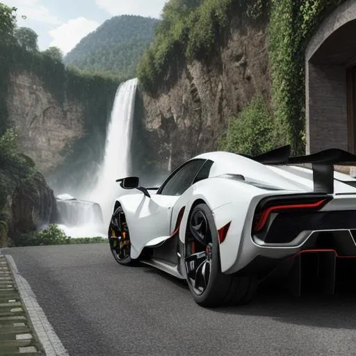 Prompt: hypercar in village with waterfall view, UHD, ultra realistic, 4K