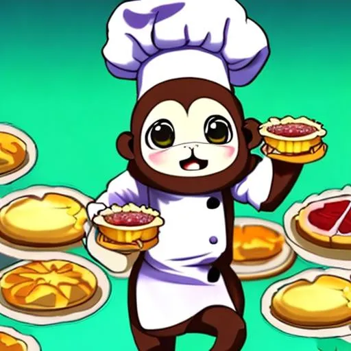 Prompt: A cute, monkey, in a chef outfit, with citrus tarts in its hand, anime