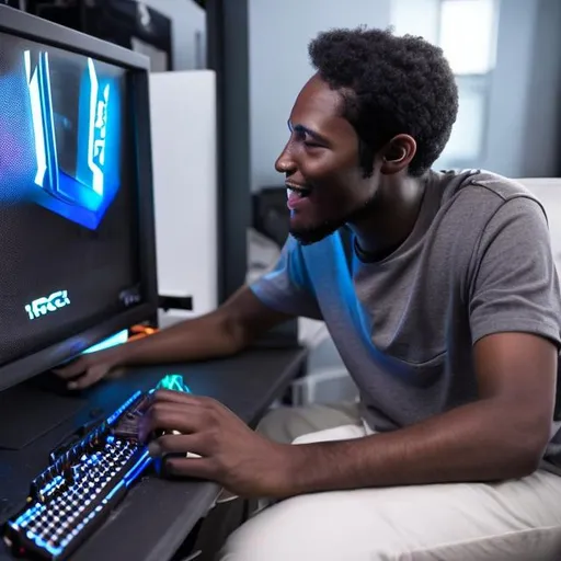 Prompt:  Black Man connected to gaming PC
