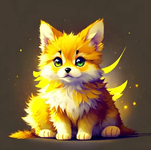 Prompt: Cute, yellow, fluffy, fantasy light puppy, with lighting, yellow eyes, yellow fur, and possessing the element of space and making circles of lighting stripes
 move around in the air in a magical way, in a space background. Perfect features, extremely detailed, realistic. Krenz Cushart + loish +gaston bussiere +craig mullins, j. c. leyendecker +Artgerm.