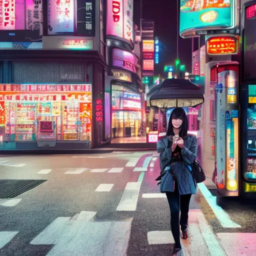 Prompt: japanese girl walking on cyberpunk tokio, street with vending machine, neon, detailed, 8k, high resolution