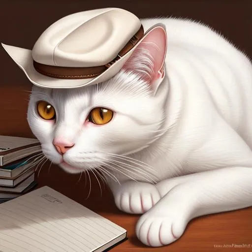 Prompt: Realistic drawing, a white cat with brown eyes, with a professors hat on its head, and a textbook in its paw, DeviantArt, Artstation