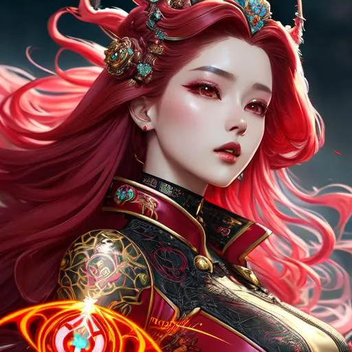 Prompt: matte portrait, feminine elegant ethereal beautiful young kpop empress with intricately decorated cyberpunk streetwear, crimson red  balayage wild hair, royal vibe, highly detailed, digital painting, Trending on artstation , HD quality, by artgerm and greg rutkowski and alphonse mucha, dramatic light, octane, dreamy, colorful ink illustration, windy era, oil on canvas, highly detailed, brush strokes, big doe eyes, cute