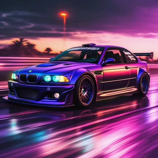 Prompt: 2001 BMW M3 E46 GTR, synthwave, aesthetic cyberpunk, miami, highway, dusk, neon lights, coastal highway, dusk, neon lights, coastal highway, sunset, drift, nurburgring, water on the road, blade runner, 8k, watercolor, macro sharp focus, 8, hyper realistic