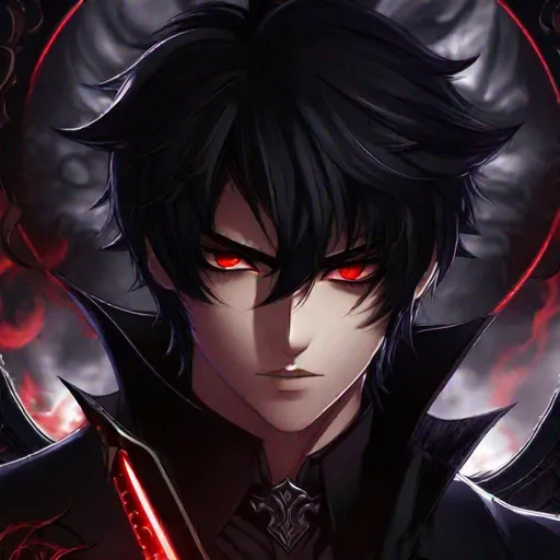 Prompt: Damien (male, short black hair, red eyes) a sadistic look on his face, demon form, with a blade