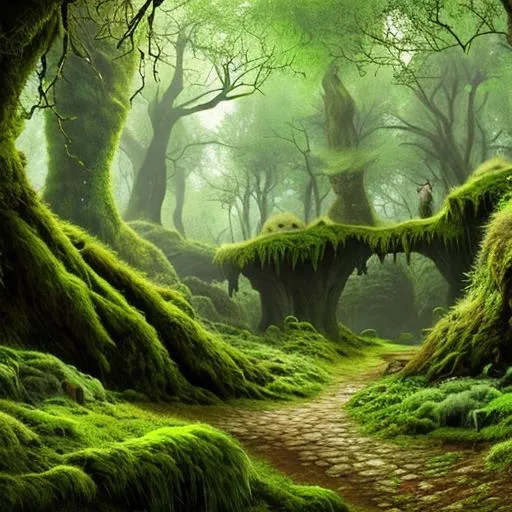 Prompt: A mossy forrest with a cave I
And big luscious green trees hyper realistic 