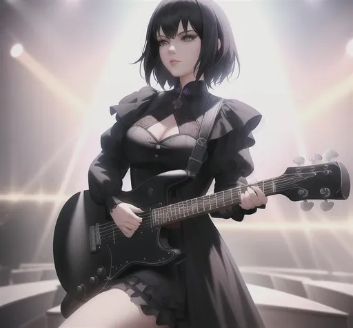 Prompt: goth girl holding a fender guitar, full body portrait, goth outfit, powerful, intricate, elegant, volumetric lighting, stage scenery, digital painting, highly detailed, artstation, sharp focus, illustration, concept art, ruan jia, Maxfield Parrish, music stage background, spotlight shining down lighting, len flares