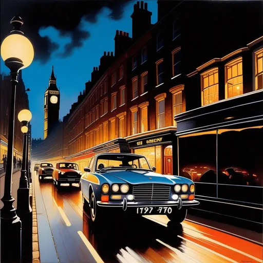 Prompt: 1970s, London at night, car chase, warm atmosphere, cartoony style, extremely detailed painting by Greg Rutkowski and by Henry Justice Ford and by Steve Henderson