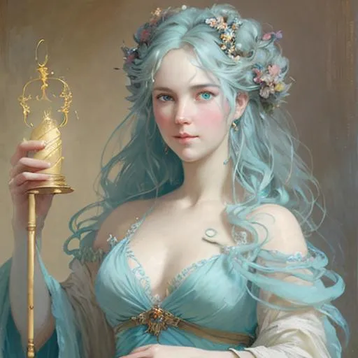 Prompt: portrait of goddess with rosey cheeks, flowing wavy pale blue hair and cyan eyes, wearing a blue chiffon gown, casting magic |Krenz Cushart + loish +gaston bussiere +craig mullins, j. c. leyendecker +Artgerm, oil painting texture oil painting effect Krenz Cushart + loish +gaston bussiere +craig mullins, j. c. leyendecker +Artgerm, oil painting texture.