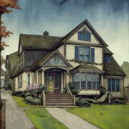 Prompt: Lovely neighborhood Art by IRA KENNEDY, Andrew Wyeth, Egon Schiele, Hope Gangloff,  AURIKA PILIPONIENE, Daniel merriam, Arthur Rackham, Megan duncanson, Catherine Abel. Very realistic art, 3d, award winning, super clear resolution, higher definition, extremely detailed, intricate details, beautiful, fantastic view, iridescent aquarelle and ink 