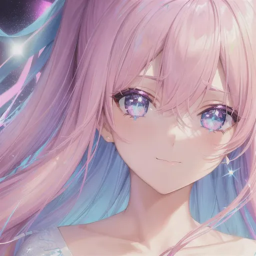 Prompt: super detailed closeup portrait shot of a girl with a wand, magical girl, pink hair with blue and white streaks, detailed sparkling pink and blue eyes, 