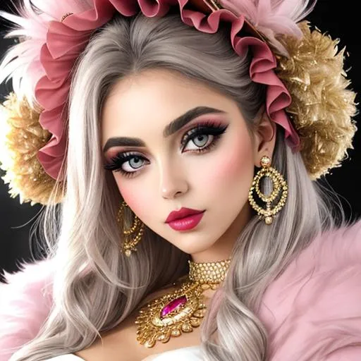 Prompt: big  eyes and carmine lips, silver and golden breaded silk, lips, pink cheeks