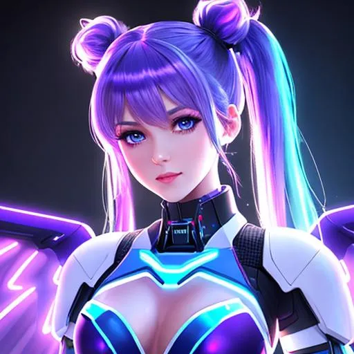 Prompt: 4K, 16K, picture quality, high quality, highly detailed, hyper-realism, cute skinny female standing, full front, mecha wings, blue anime eyes, white, blue, purple, cyberpunk style, neon lights, blue fade to purple pigtails, party, lights, spotlights, stage light, 