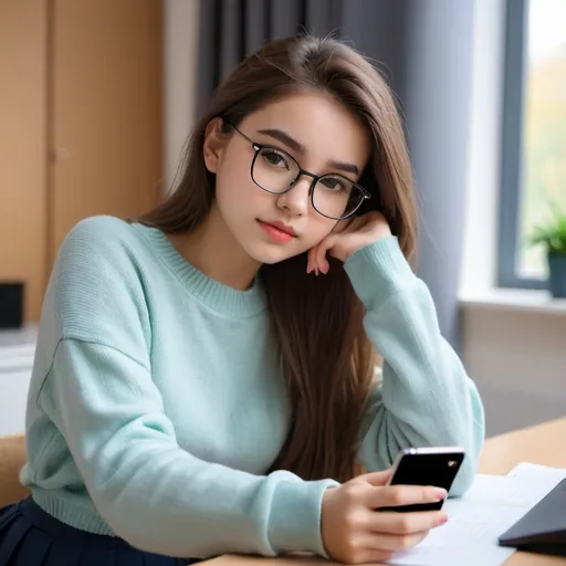 Prompt: Girl’s dorm room, shy lonely self conscious 19-year-old girl, atmosphere of sadness, in skirt and sweater, taking selfie while sitting at desk.  Cute and slim with glasses. Detailed face and expression, atmosphere of feeling alone