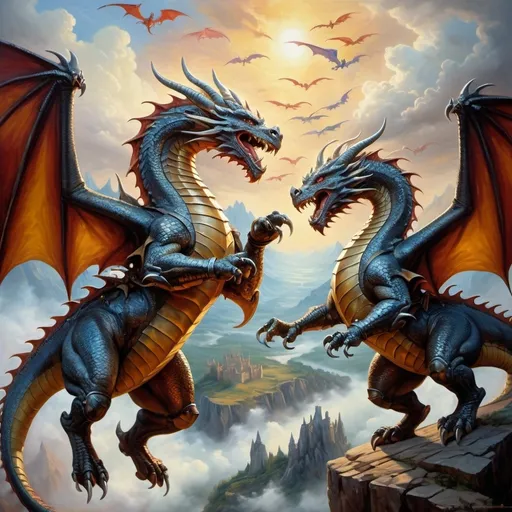 Prompt: opposing dragon armies in arial combat, knights mounted on dragons in armor with spears , fierce expressions, mythical landscapes, high fantasy, Dragon riders, Chivalric Knights, in realistic oil painting, flying through the sky in combat, majestic dragons  mythical landscapes, high fantasy, oil painting, vibrant colors, epic scale, detailed armor, stunning face, atmospheric lighting, professional, highres, fantasy, oil painting, ethereal, fierce expression, varied colors, high fantasy